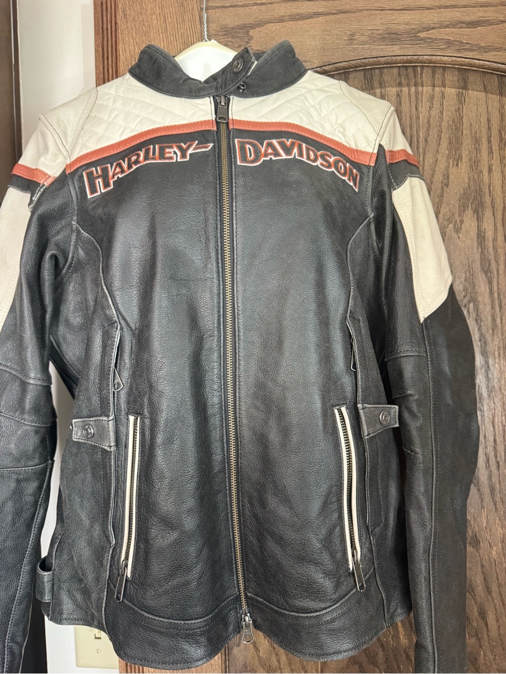Harley-Davidson Black Cream & Orange Leather Riding Jacket - Picture 2 of 12